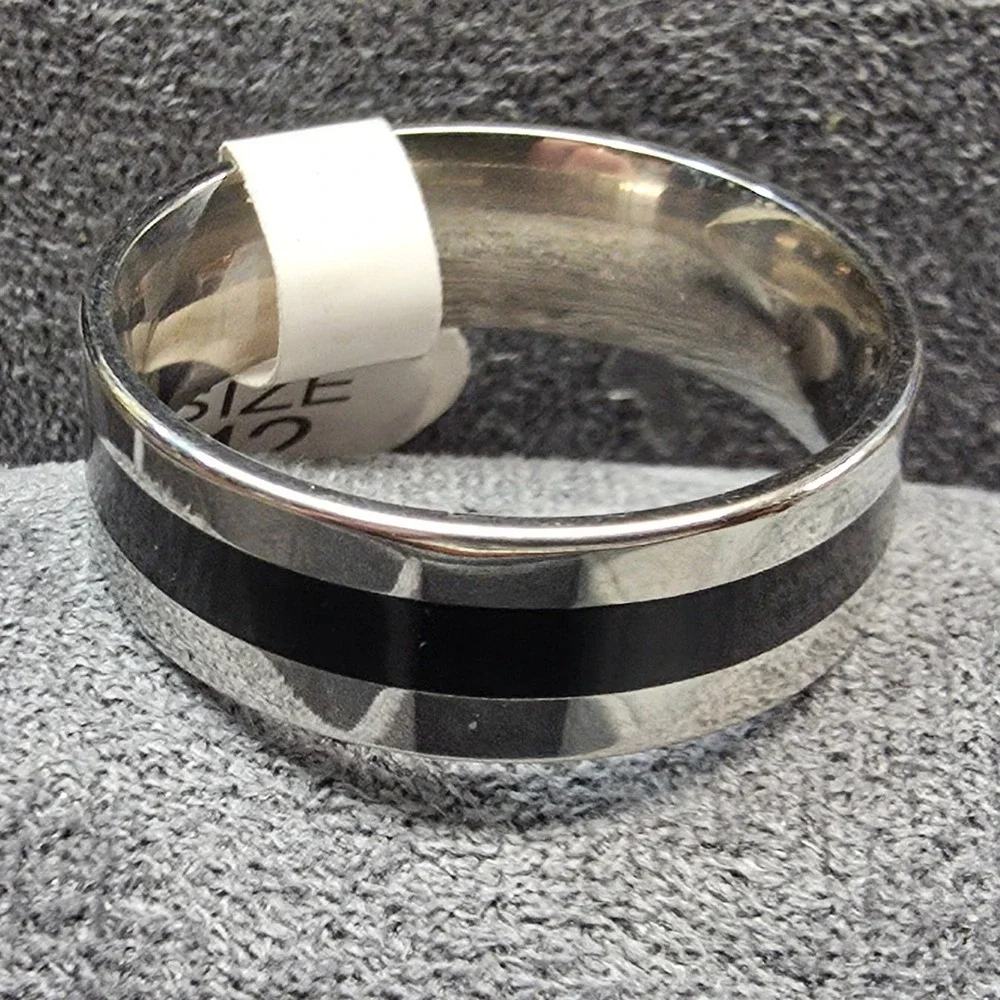 New Band Ring Plus Size 13 SilverTone Black Inlay Wedding Thumb Commitment Shiny